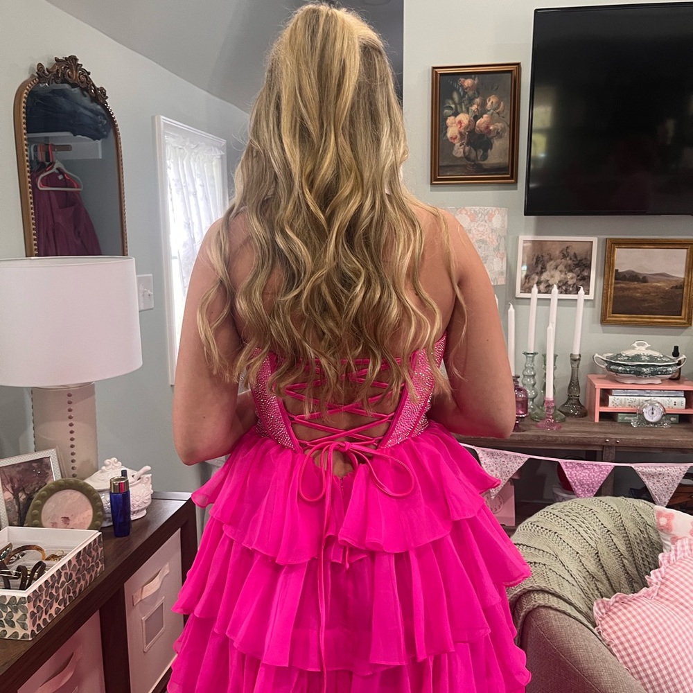 Vibrant Pink Strapless Ruffled Gown - Picture 3 of 6
